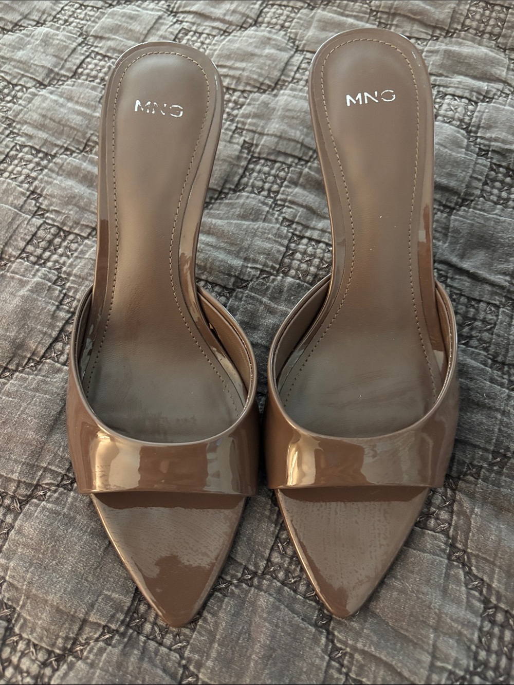 Mango Patent Pointed-Toe Slide Mules in Taupe Brown
